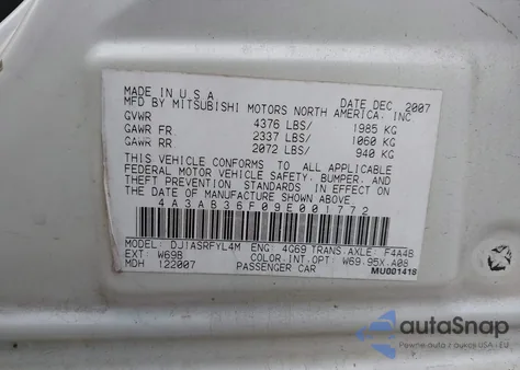 2009 Mitsubishi Galant Es/Sport Edition z USA, uszkodzony, nr VIN 4A3AB36F09E001772